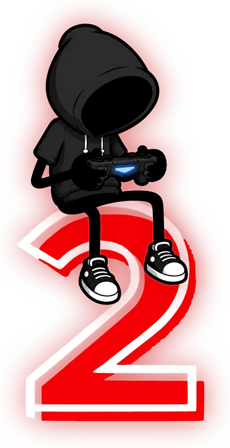 The Player 2 mascot, a hooded gamer with a controller, sitting on a big neon red number 2